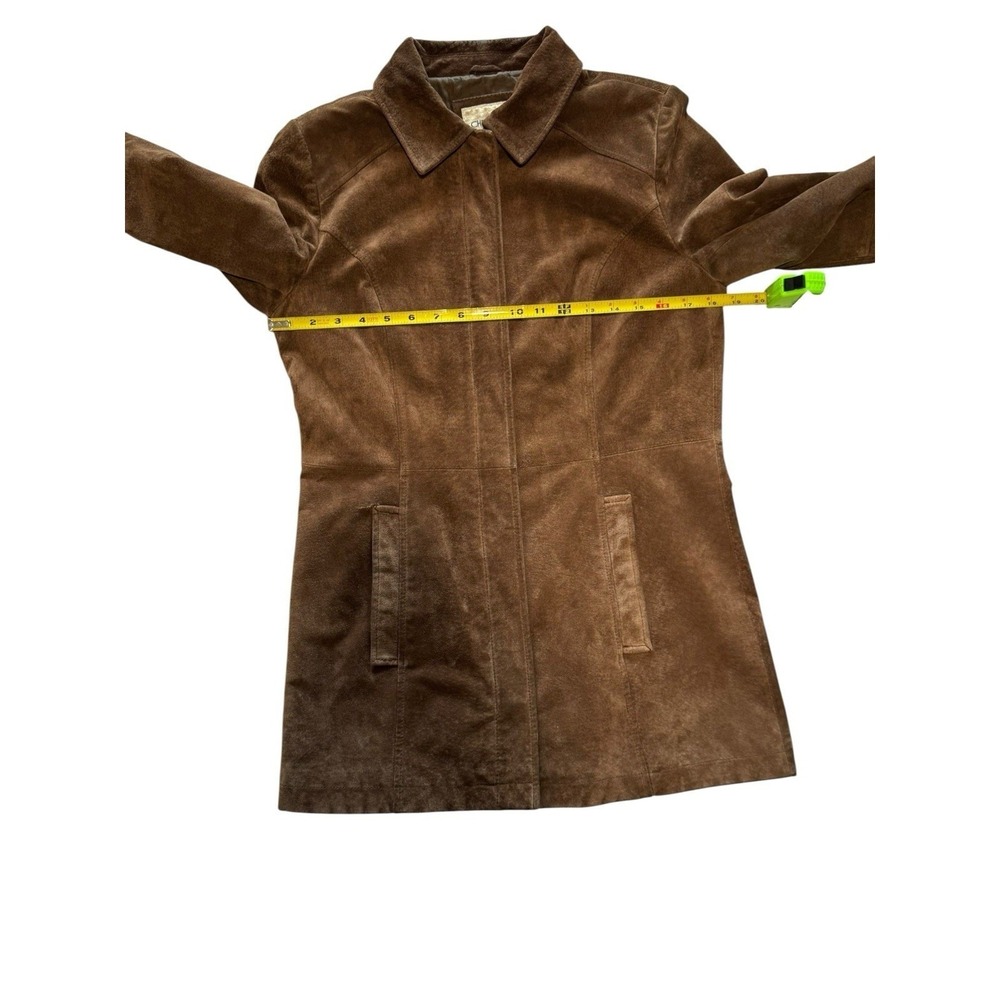 Vintage Brown Suede Leather Jacket Mid Length Coat Pointed Collar Chocolate M - Picture 6 of 9